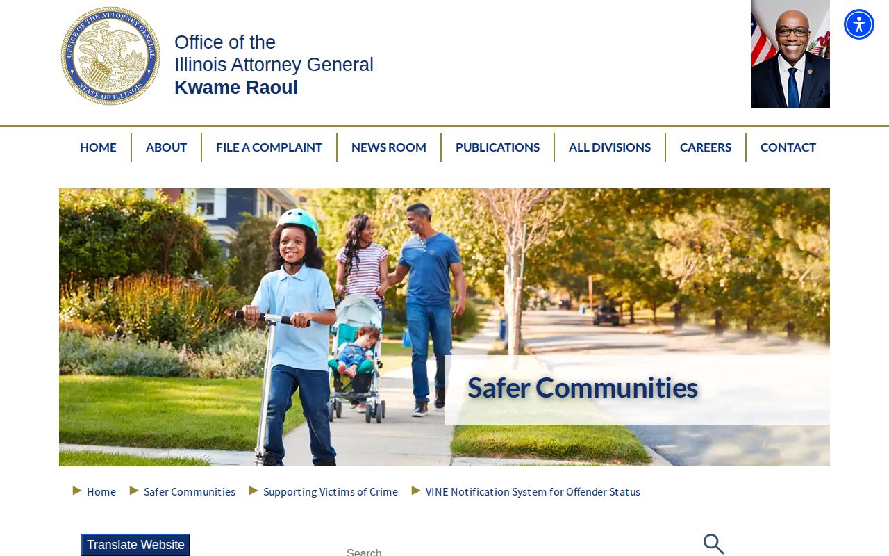 Illinois Attorney General victim notification system page explaining VINE