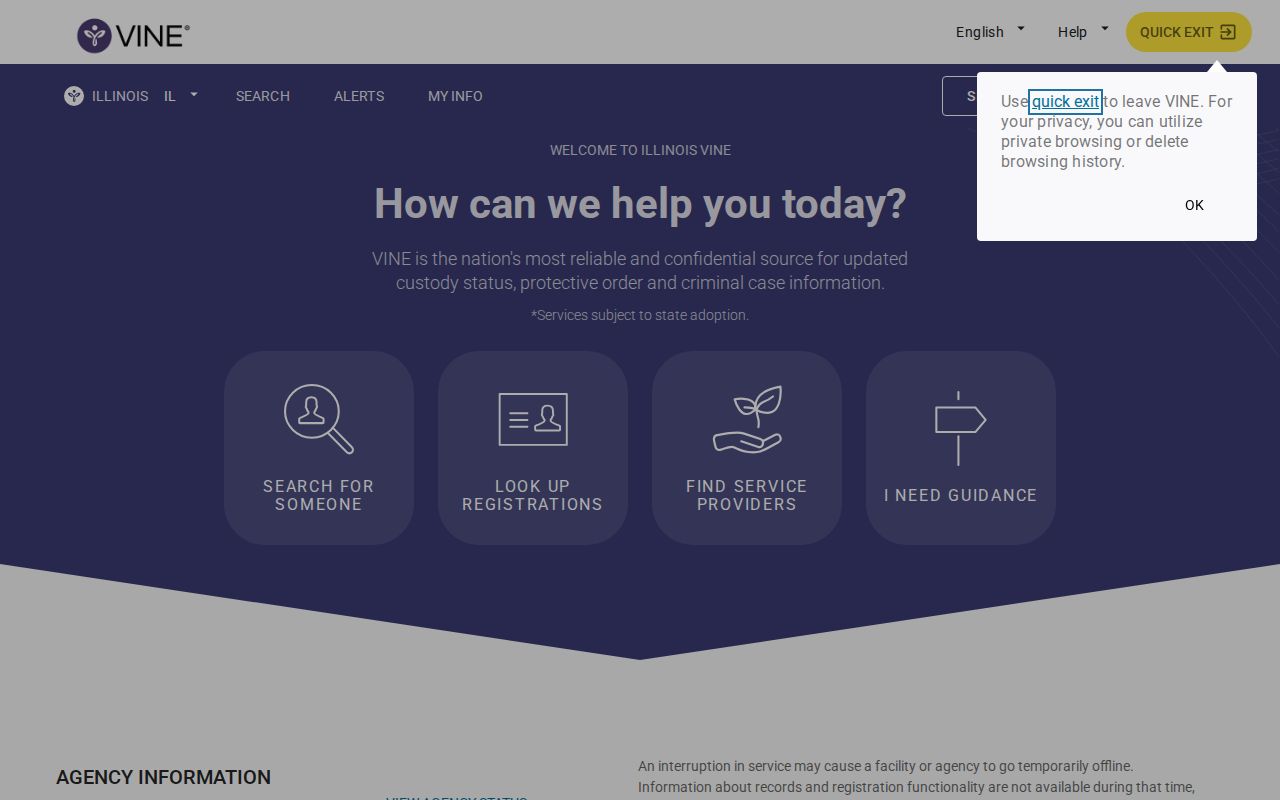 Illinois VINELink state selection and custody search interface