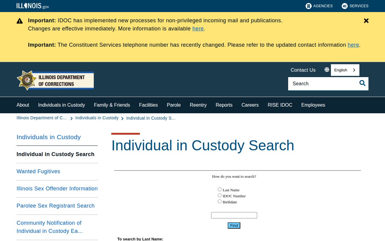 Illinois Department of Corrections Individual in Custody Search interface