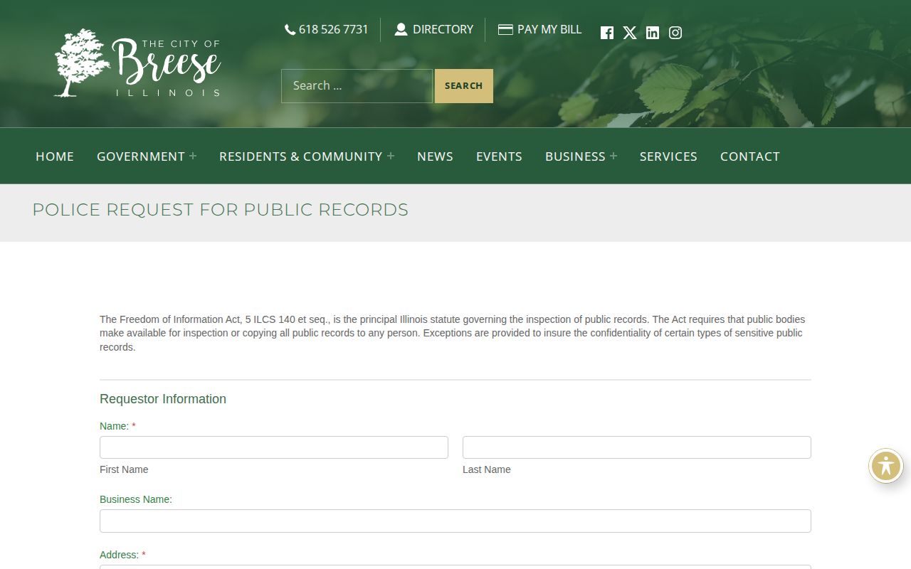 Breese Police public records form for recent arrest reports