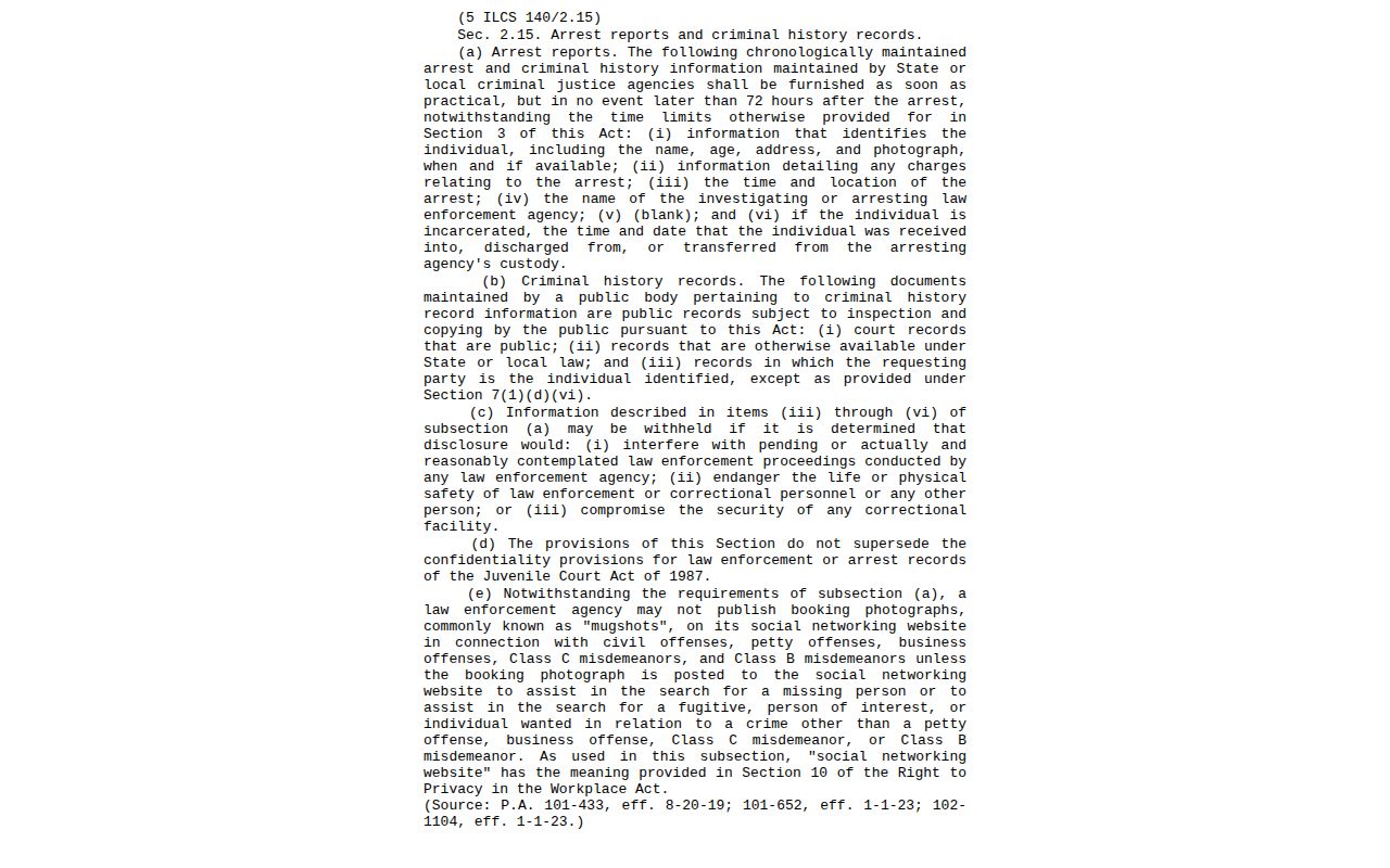 Official Illinois statute page for arrest information and booking photograph rules